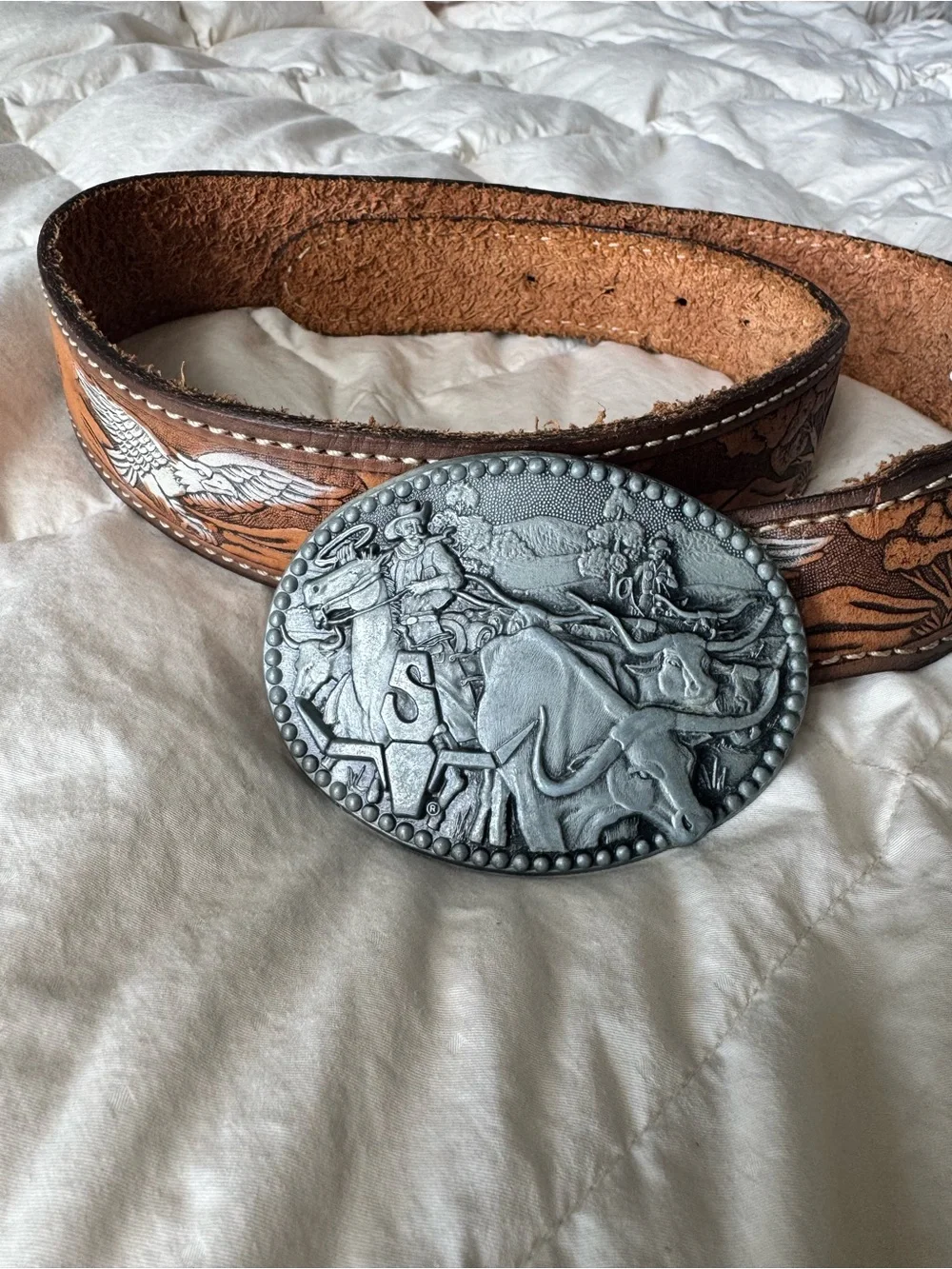 vintage zee series western leather belt with award design medals rodeo buckle ea